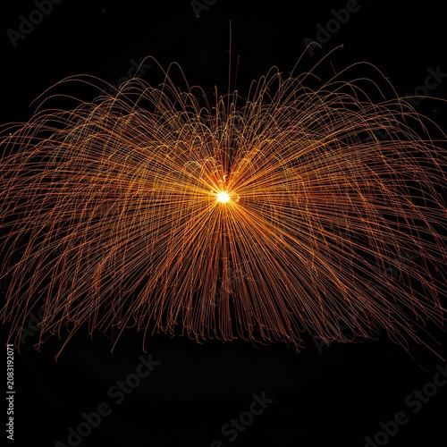 A stunning display of orange fireworks exploding in the night sky, creating a radiant spherical pattern