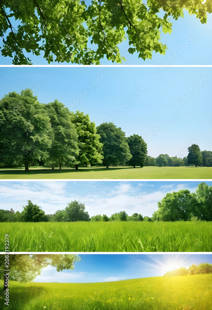Fototapeta premium Four summer nature scenes with trees and green grass