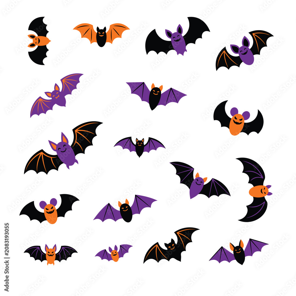 Fototapeta premium Assorted cartoon bat characters for halloween, featuring diverse expressions and poses in orange, purple, and black colors on white background
