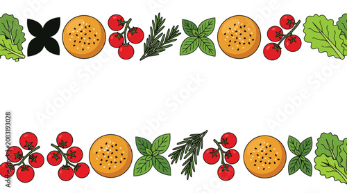 Mediterranean food border ingredients with cherry tomatoes and sesame buns in hand-drawn flat vector style for restaurant menu design