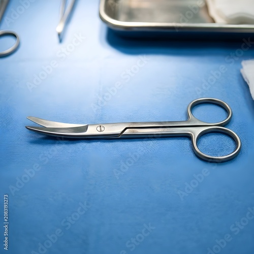 Close up of stainless steel surgical scissors on blue medical tray with reflection
