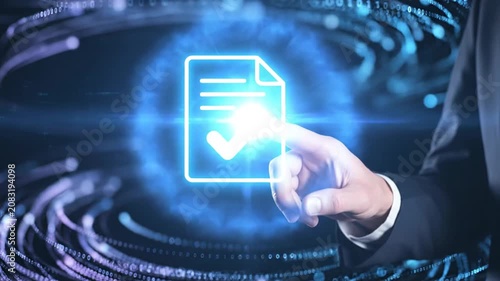 Hand touching neon document icon with checkmark for digital contract approval.