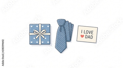 Father's Day Gift Box Tie and Greeting Card Flat Vector Illustration on White Background