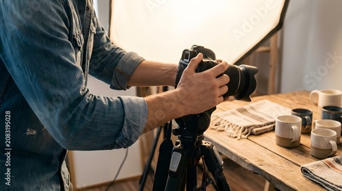 Photographer adjusting professional camera on tripod during product photo shoot of handmade ceramic mugs