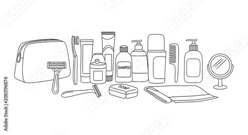 Line Drawing of Bathroom Toiletries and Personal Care Products including soap, shampoo, toothpaste, razor, mirror, and lotion - Health and hygiene essentials