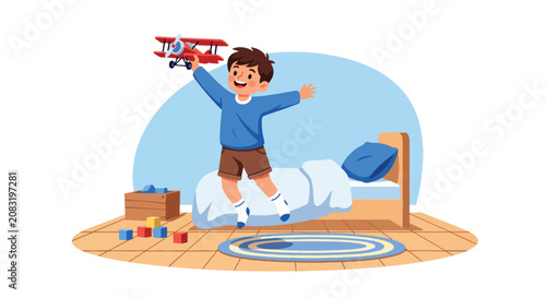 Konstfotografi Flat style vector illustration of cheerful little boy pretending to fly a toy airplane inside his bedroom