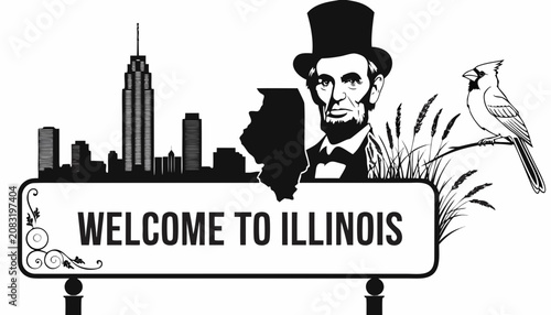 Very beautiful black and white realistic vector of a classic roadside welcome sign featuring a bold label reading 
