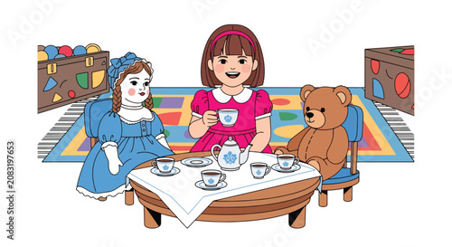 Canvastavla Flat style vector illustration of happy little girl enjoying a pretend tea party with doll