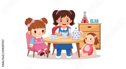 Fotografie Flat style vector illustration of happy little girl enjoying a pretend tea party with doll