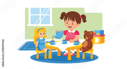 Fotografie Flat style vector illustration of happy little girl enjoying a pretend tea party with doll