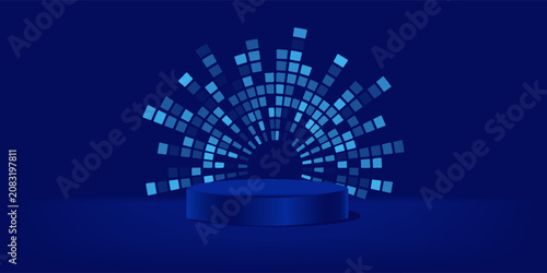 Foto Abstract blue product podium background with circular digital audio equalizer bars