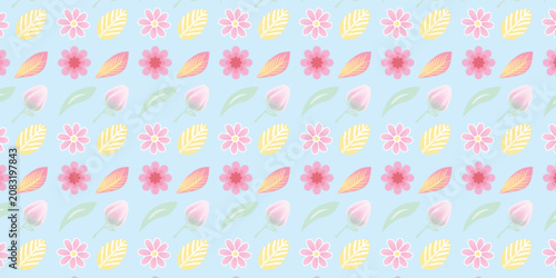 Seamless floral pattern with cute pink flowers and pastel leaves on a light blue background. Cute spring or summer botany vector background.