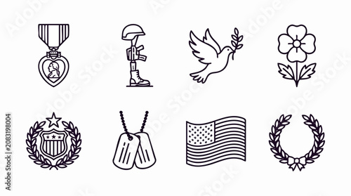 Memorial Icons Collection: A curated set of line art icons symbolizing remembrance, sacrifice, and peace, including a medal, fallen soldier, dove, poppy, crest, dog tags, flag, and laurel wreath.