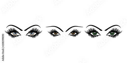 Glamorous female eyes with long eyelashes vector set, beautiful woman eye makeup collection, 3 pairs of eyes with blue brown and green irises