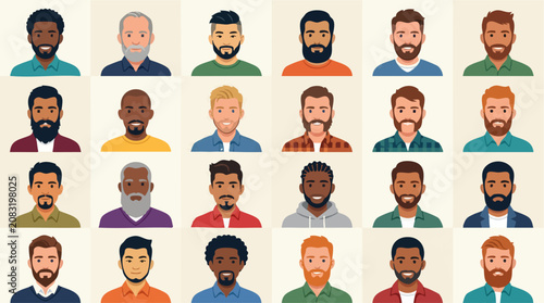 Diverse Men Avatars: A grid showcasing a variety of diverse male avatars with different skin tones, hair colors, and beard styles, representing a broad spectrum of masculinity.
