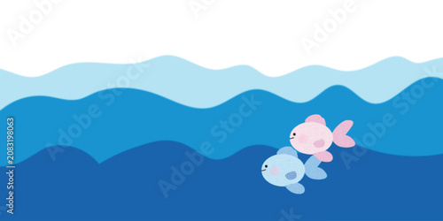 Cute underwater background banner with layered blue sea waves and a group of small colorful fish. Vector illustration.