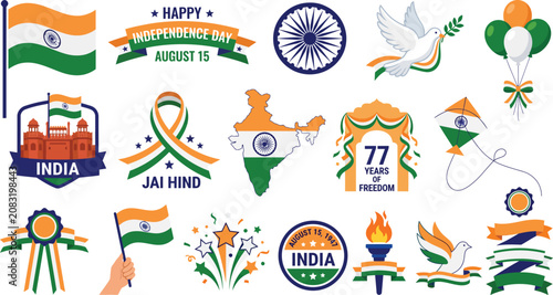 Collection of various graphic design elements, badges, and icons for Indian Independence Day