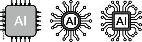 Artificial intelligence computer chip icon set with various designs highlighting microchip technology and central processing units for modern computing.