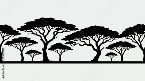 African savannah tree silhouettes border