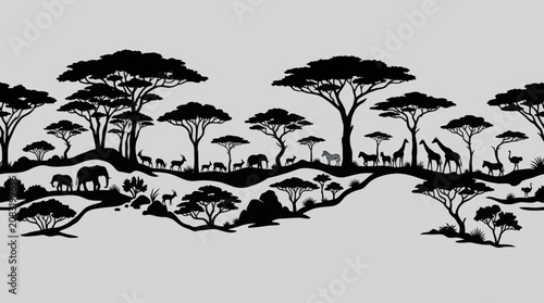 Canvas Print African savannah wildlife and trees silhouette