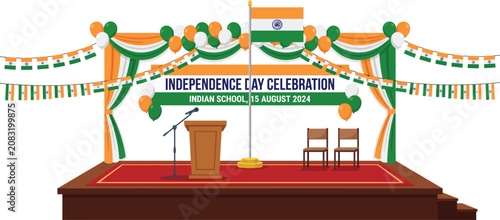 Fotografía An empty outdoor stage decorated with tricolor banners and garlands ready for a