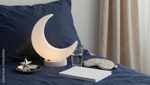 Celestial bedroom bedside setup with crescent lamp and eye mask