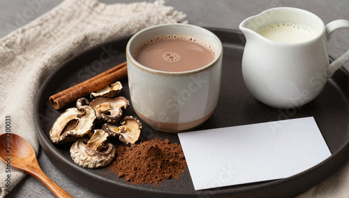 Mushroom cocoa beverage prep with ceramic mug and recipe card