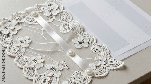 Lace swatches with satin ribbon, pearl buttons and pins