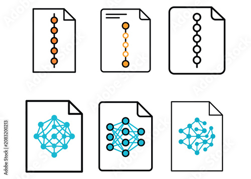 Neural network and blockchain icons set with interconnected nodes in document format for data processing and artificial intelligence concepts.