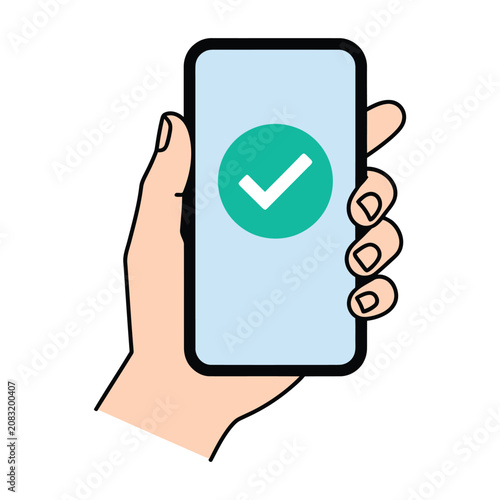 WebHuman hand holding smartphone displaying green check mark symbol as successful task completion notification for mobile interface design concept with blue screen and confirmation status for user.