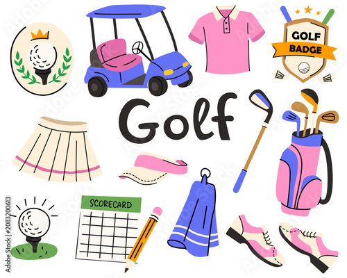 Women's golf elements in doodle style. Sports equipment, golf ball on stand, visor, golf skirt, women's polo shirt, club, golf cart, scoreboard