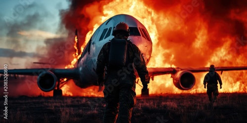 Brave firefighters tackling a blazing airplane wreckage under the stunning glow of the evening sky