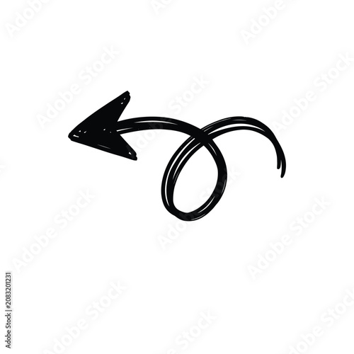 A hand-drawn black arrow with a curly loop pointing to the left on a white background.