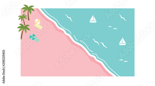 Pink sand beach shoreline with sailboats in minimalist flat vector style for summer tourism marketing