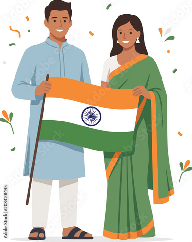 A happy Indian couple in elegant traditional attire holding a national flag together