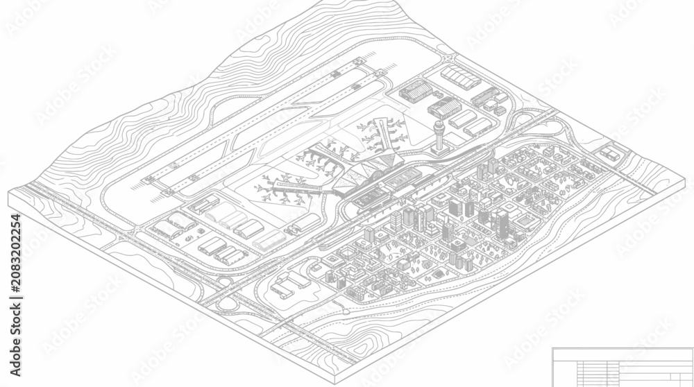 Obraz premium Isometric master plan drawing of a modern airport and urban district