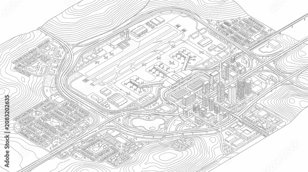 Obraz premium Isometric city plan with airport and skyscraper district