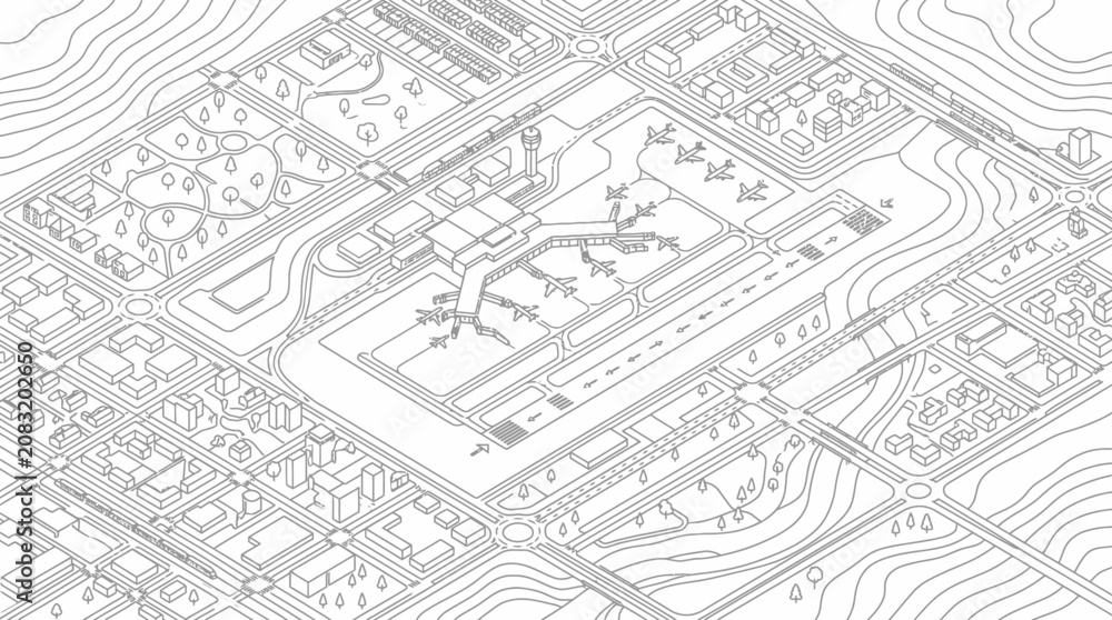 Fototapeta premium Isometric line art of a modern city landscape with central airport