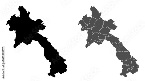 Foto Outline Map of Laos: A clear, two-part depiction of Laos, first as a solid black silhouette and second as a gray map with internal provincial borders