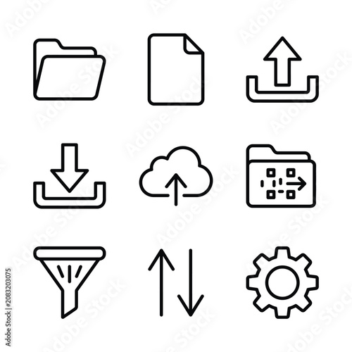 A collection of nine minimalist line art icons representing file management, data transfer, cloud storage, and system settings.