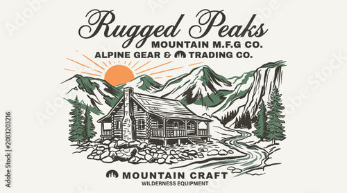 Rugged peaks mountain illustration. Alpine gear outdoor adventure. Vintage cabin t shirt design.