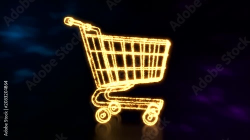 Glowing Shopping Cart Digital Animation on Dark Background, E-commerce Concept.