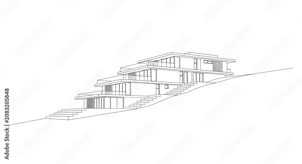 Εκτύπωση καμβά Minimalist line drawing of a modern tiered house on a hillside
