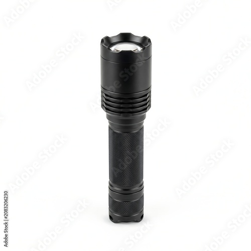 High-powered portable tactical flashlight with black aluminum body for emergency, camping, and security use on white background