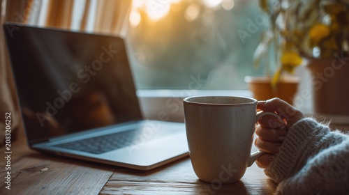Home Office Scene with Coffee and Notebook Writing