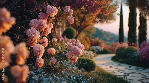 Dreamy Floral Garden Landscape with Curved Stone Walkway