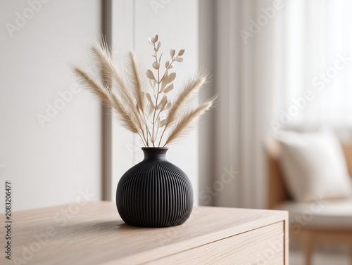 Minimal Black Vase with Dried Pampas and Eucalyptus on Wooden Cabinet