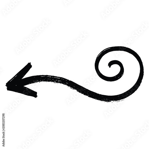 A hand-drawn black arrow with a spiral tail pointing to the left on a white background.