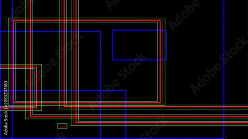 Glowing Neon Colorful Blured Square Outlines on Black Background, Abstract Geometric Animation. VJ performances, music visuals, motion graphics, digital backdrops, and futuristic design projects, squa
