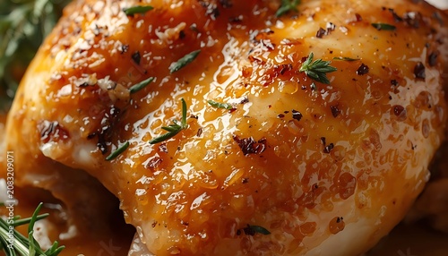Glistening golden-brown chicken thigh, perfectly roasted and seasoned with aromatic herbs, ready to be a delicious and satisfying meal centerpiece